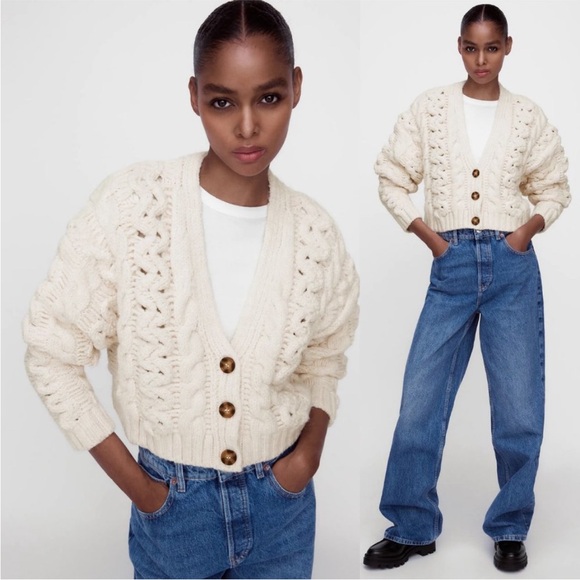 Zara Cable Knit Soft Chunky Cropped Button Front V Neck Cardigan Sweater Ivory - Picture 9 of 14